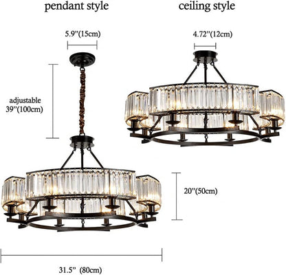 Farmhouse Crytal Chandeliers Dining Room Pendant Light Fixture Black Chandelier with K9 Crystal for Living Room Dining Room Foyer High Ceiling