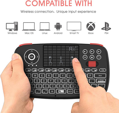 Rii (Upgrade) i4 Mini Bluetooth Keyboard with Touchpad, Blacklit Portable Wireless Keyboard with 2.4G USB Dongle for Smartphones, PC, Tablet, Laptop TV Box iOS Android Windows Mac.Black