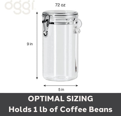 Oggi Clear Canister Airtight 72oz - Clamp Lid & Spoon - Airtight Food Storage Container, for Kitchen & Pantry Storage of Bulk, Dry Foods, Pasta, Flour, Sugar, Coffee, Rice, Tea, Spices & Herbs