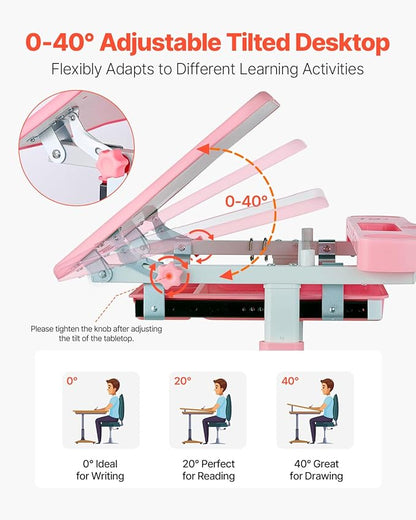 VEVOR Kids Study Desk and Chair Set, Learning Table and Chair for Kids with Table Lamp, Adjustable Height & 0-40° Tilted Desktop Toddler Desk and Chair, Table for Bedroom & Study Room, Pink