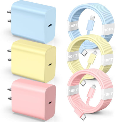 Compatible with iPhone 14 13 12 Charger, 20W Fast Charging Wall Charger,10 FT USB ightning Cable,Phone Charger Cord for Phone 14/13/12/12 Pro Max/11/Xs Max/XR/X,AirPods Pro and More(Pink/Yellow/Blue)