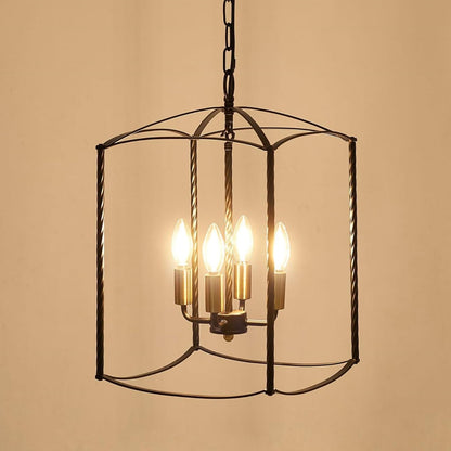 Farmhouse 4 Lights Pendant Light, Industrial Black Lantern Chandelier with E12 Gold Base Metal Cage Rustic Geometric Hanging Light Fixtures for Kitchen Island Foyer Entryway Dining Room