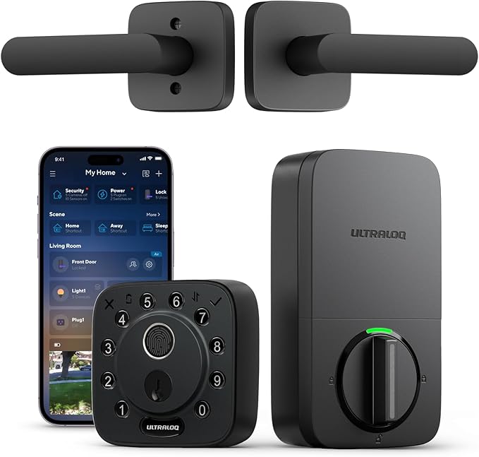 ULTRALOQ Bolt Fingerprint Smart Lock with Handle, 7-in-1 Keyless Entry Door Lock Set, Built-in WiFi Deadbolt, Auto-Lock & Unlock, App Remote Control, Works with Alexa, ANSI Grade 1,Black