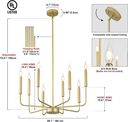 Modern Gold Farmhouse Chandeliers, 8-Light Industrial Metal Chandelier Lighting, Classic Candle Hanging Pendant Light Fixtures for Kitchen Bedroom, Dining Room, Living Room,Foyer