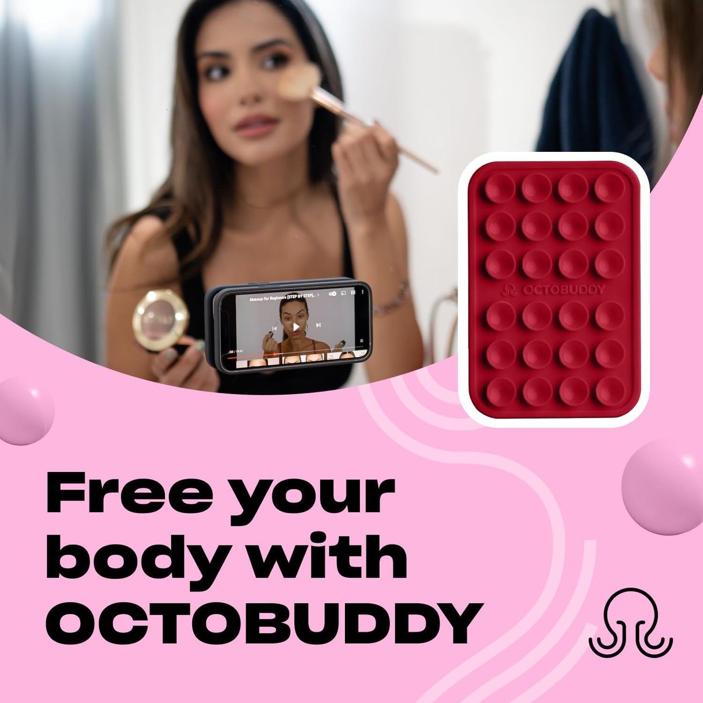Classic - Silicone Suction Phone Case Adhesive Mount - Hands-Free, Strong Grip Holder for Selfies & Videos - iPhone & Android Compatible - 2.25″ x 3.25″, RED