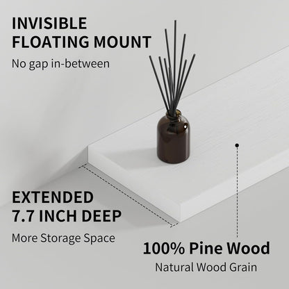 SAUMONIERES Floating Shelves 8 Inch Deep Solid Wood Wide Wall Shelf Set of 2 Wall Mounted for Bedroom Bathroom Living Room Kitchen, 24 Inch White