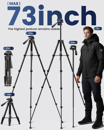 73" Camera Tripod and Monopod, Professional Aluminum Tripod Stand for Mirrorless Camera/DSLR/Cell Phone/Camcorder/GoPro, with Phone Holder and Travel Bag (Black)
