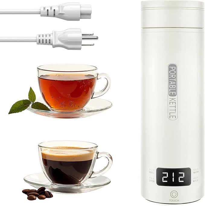 Travel Tea Kettle（110V）, Portable Electric Kettle, 316 Stainless Steel Premium Liner, 4-speed Temperature Adjustment with Auto Shut-off and Boil-Off Protection,White.