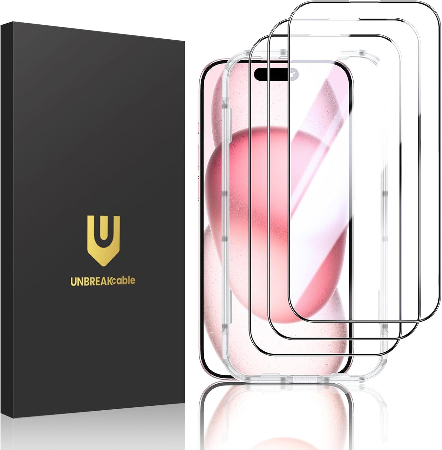 UNBREAKcable 3-Pack Screen Protector for iPhone 15, Double Shatterproof Tempered Glass [Easy Installation Frame] [99.99% HD Clear] [9H Hardness] [Full Coverage] [Case Friendly] for iPhone 6.1 inch