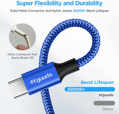 etguuds 4ft USB A to USB C Cable 3A Fast Charging, 2-Pack USB A to USB Type C Charger Cord for iPhone 16 15 Pro/Pro Max/Plus, for Samsung Galaxy S24 S23 S22 S21 S20 S10 A55 A54 Flip Note, Moto, Blue