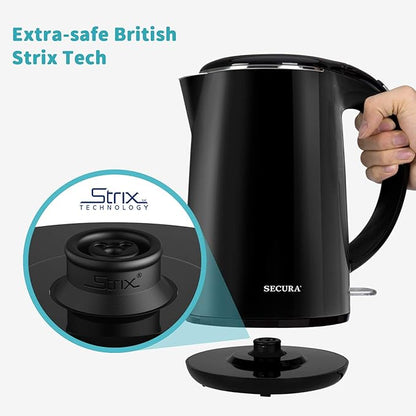Secura Original Stainless Steel Double Wall Electric Water Kettle 1.8 Quart with Auto Shut-Off & Boil-Dry Protection, Black Onyx SWK-1701DA/HB-3227B