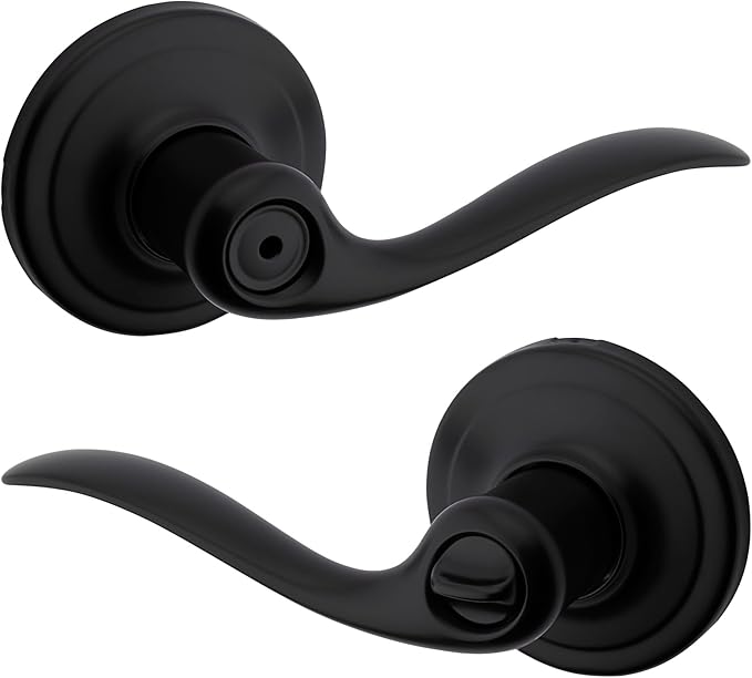 Kwikset Tustin Interior Privacy Door Handle with Lock, Door Lever For Bathroom and Bedroom, Matte Black Reversible Keyless Push Button Lock Door Lever, with Microban Protection
