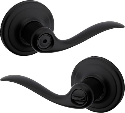Kwikset Tustin Interior Privacy Door Handle with Lock, Door Lever For Bathroom and Bedroom, Matte Black Reversible Keyless Push Button Lock Door Lever, with Microban Protection