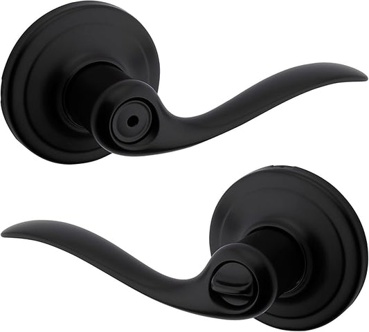 Kwikset Tustin Interior Privacy Door Handle with Lock, Door Lever For Bathroom and Bedroom, Matte Black Reversible Keyless Push Button Lock Door Lever, with Microban Protection