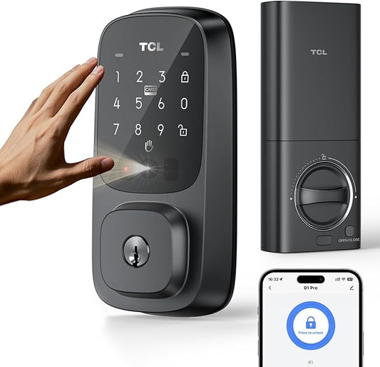 TCL Smart Lock D1 Pro, Palm Vein Recognition Door Lock with App Control, Keyless Entry Door Lock for Front Door, Wi-Fi Keypad Deadbolt, Compatible with Alexa & Google Assistant, Rechargeable Battery