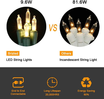 Brizled Christmas Lights Warm White, 2 Pack 33ft 100 LED Christmas String Lights, 120V UL Certified Connectable Xmas Tree Lighting Mini Xmas Light Set for Holiday Tree Home Party Indoor Outdoor Decor