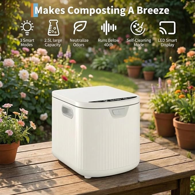 2.5L Electric Countertop Compost Bin, Food Cycler with Auto-Clean & LED Display, Quiet Odor-Free Food Waste Recycler for Kitchen, Turns Scraps into Fertilizer for Garden
