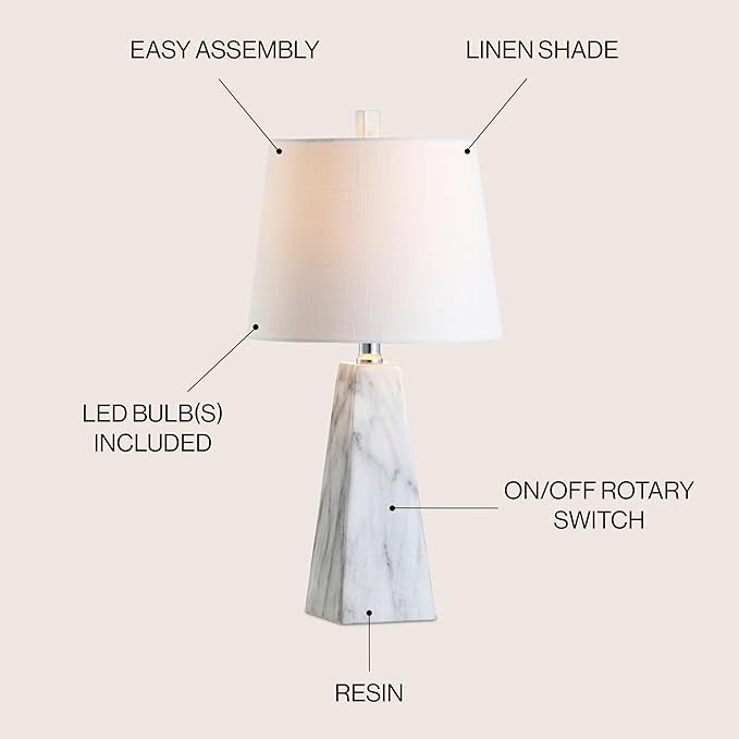 JONATHAN Y 20.5" White Marble Finish Modern Resin Table Lamp for Bedroom Living Room, Contemporary Faceted Bedside Lamp with White Linen Shade, LED Bulb Included JYL1037A