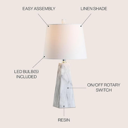 JONATHAN Y 20.5" White Marble Finish Modern Resin Table Lamp for Bedroom Living Room, Contemporary Faceted Bedside Lamp with White Linen Shade, LED Bulb Included JYL1037A