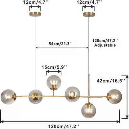 KCO Lighting 6-Light Modern Globe Sputnik Chandelier Brass Gold Linear Pendant Chandelier Lighting Smoke Glass Dining Room Chandelier Mid Century Sputnik Island Lights for Kitchen Living Room
