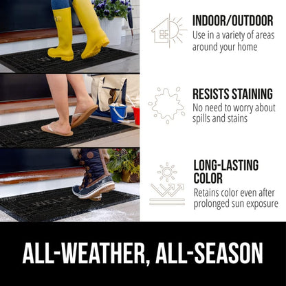 GORILLA GRIP 100% Waterproof All-Season WeatherMax Doormat 35x23, US Designed Natural Rubber, Stain and Fade Resistant, Low Profile Indoor Outdoor Door Mats, Easy Clean Patio Mat, Black Welcome