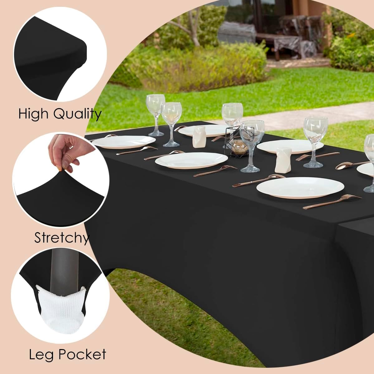Craft And Party 6 Pack 6ft Black Spandex Tablecloth – Fitted Stretch Cover – Universal Fit for Folding Tables – Wrinkle-Free, Washable – Ideal for Parties, Weddings, Events