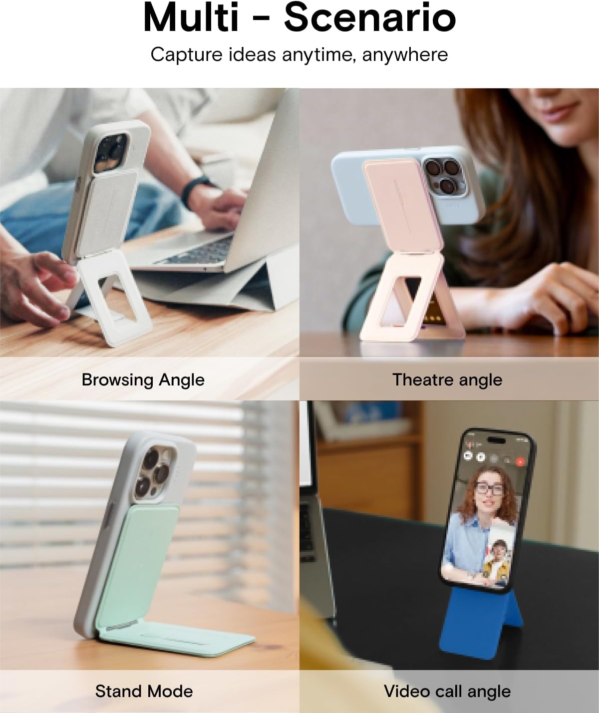 MOFT Phone Stand, Magnetic Phone Tripod Stand Stain-Resistant MOVAS Leather & Angle Adjustment & Strong Magnets Tripod for iPhone 16/15/14/13/12 (Included Metal Ring)-Seafoam