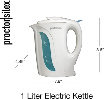 Proctor Silex Electric Tea Kettle, Water Boiler & Heater Auto-Shutoff & Boil-Dry Protection, 1000 Watts for Fast Boiling, 1 Liter, White (Pack of 2)