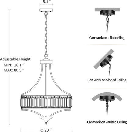 20" Brushed Nickel Chandeliers for Dining Room, 5-Light Modern Crystal Chandelier for Entryway, Hanging Round Light Fixture for Kitchen Island Living Room Bedroom Office Bathroom Staircase