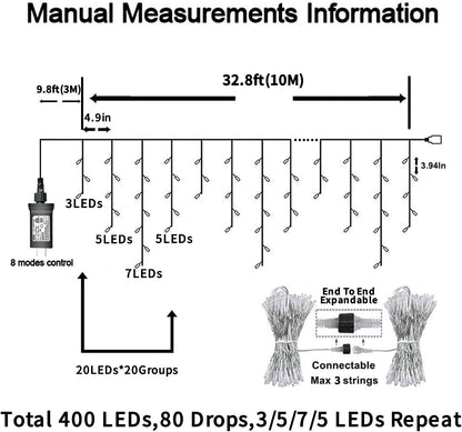 YEGUO 33ft 400 LED Icicle Lights Outdoor, 80 Drops Icicle Christmas Light Connectable, 8 Modes Warm White Xmas Icicle Lights with Timer Indoor