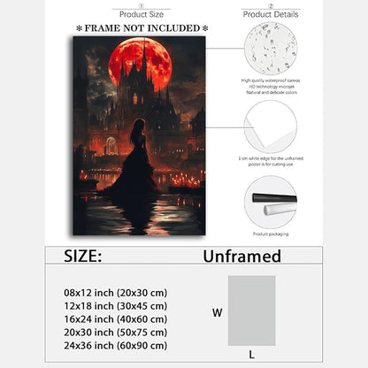 Halloween Witch Poster Canvas Prints Art Vintage Decor,Red Castle Blood Moon and Witch Scene Gothic Painting,Rustic Dark Academia Wall Art for Bathroom Spooky Living Room Wall Decor,16"x24" Unframed