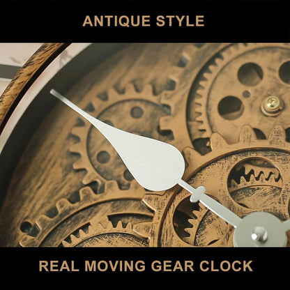 18 Inch Wall Clock with Moving Gears, Oversized Large Industrial Steampunk Decoration, Antique Metal Big Numeral Wall Clocks for Kitchen Study Room Living Room Decor (Matt Metal Silver-Black)
