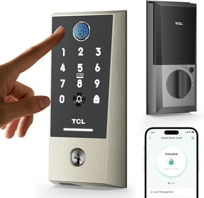 TCL Smart Lock D2 Plus, Fingerprint Door Lock with Keyless Entry Security Electronic Deadbolt for Front Door, Built-in Doorbell, Compatible with Alexa, Auto Lock, Easy Install