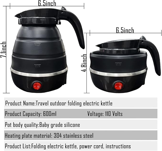 Travel Kettle Electric Small Foldable Portable Kettle,Silicone Collapsible Heating Water Boiler Tea Pot for Camping,Easy for Storage with Separable Power Cord (Black)