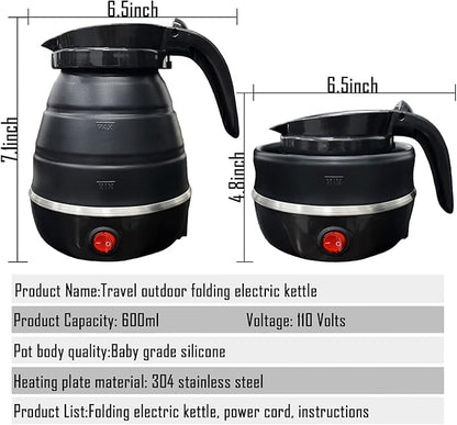 Travel Kettle Electric Small Foldable Portable Kettle,Silicone Collapsible Heating Water Boiler Tea Pot for Camping,Easy for Storage with Separable Power Cord (Black)