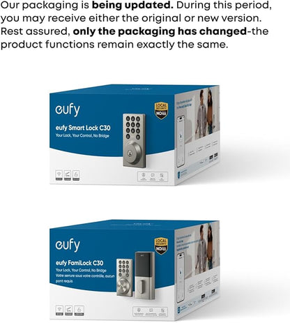 eufy Security Smart Lock C30, Keyless Entry Door Lock, Built-in WiFi Keypad Deadbolt for Front Door, No Bridge Required, Easy Installation, App Remote Control, Reliable Power, BHMA Grade 3, Nickel