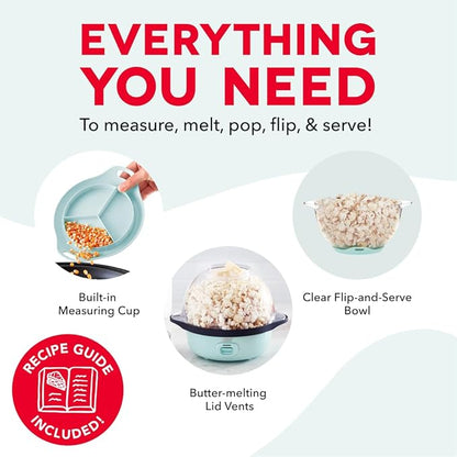 Dash SmartStore Stirring Popcorn Maker - Hot Oil Electric Popcorn Popper with Butter-Warming Tray, Clear Serving Bowl & Measuring Cup - 12 Cups, Aqua