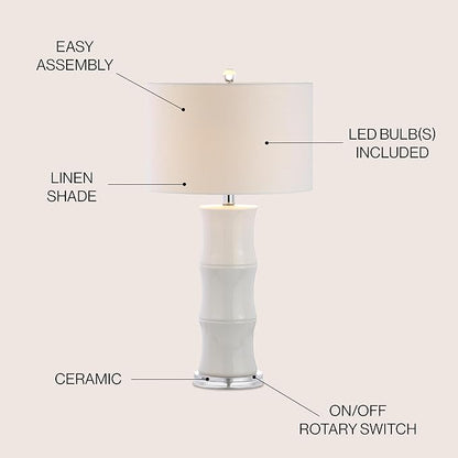 JONATHAN Y 26.5" White Ceramic Table Lamp for Living Room, Bedroom Nightstand, White Linen Drum Shade, Bamboo Design Modern Bedside Desk Lamp with LED Bulb Included (JYL3015C)