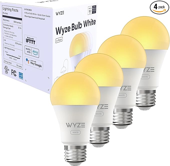 Wyze Lifestyle Bulb White, 800LM A19 Tunable-White Wi-Fi Smart Light Bulb, Compatible with Alexa and Google Assistant, 2.4GHz, No Hub Required, 2700K - 6500K, Dimmable, 90+CRI, Timer & Group, 4-Pack
