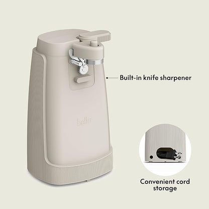 bella Electric Can Opener and Knife Sharpener, Removable Cutting Lever, Cord Storage, Stainless Steel Blade, Oatmilk