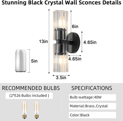 Black Crystal Wall Sconces Set of Two, Wall Sconce Set of 2, Black Sconces Wall Lighting with K9 Crystal Lampshade, Wall Lights for Bedroom Living Room Bathroom Hallway