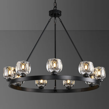 Black Wagon Wheel Chandelier, 36 Inch Black Chandeliers with Unique Glass Shade, 9-Light Crystal Farmhouse Wagon Wheel Chandeliers for Dining Room, Round Chandelier for Living Room, Foyer, Entryway
