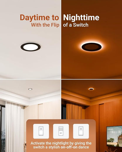 Sunco Black Recessed Lights 6 Inch LED, Canless with Night Light, Wafer Thin, 1500 Lumens, Selectable CCT 2700K/3000K/4000K/5000K/6000K, Dimmable, 15W, with Junction Box UL/ETL 4 Pack