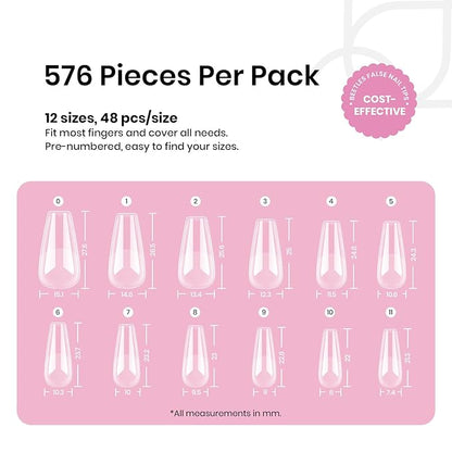 Beetles Gel Nail Tips Medium Coffin 576PCS Etch X Nail Tips, 12 Sizes Pre Shaped Half Matte Press On Nails Full Cover False Nails Acrylic Nails Glue on Nails Extensions Set for Women Home DIY