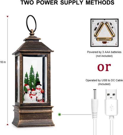 10'' Musical Snow Globe Lantern Lighted Snowman Family Water Lantern Swirling Glittering Home Decoration and Gift, Battery Operated or USB Powered