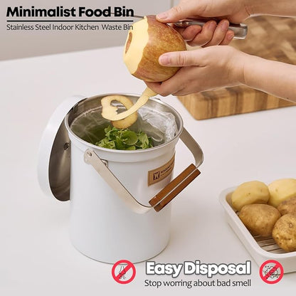 Kitchen Countertop Compost Bin 101ounces / 3Liters, Airtight Lid SUS304 Stainless Steel Odor-Free Food Waste Bin with Wooden Handle Stylish Design/Bathroom Trash Can (White)