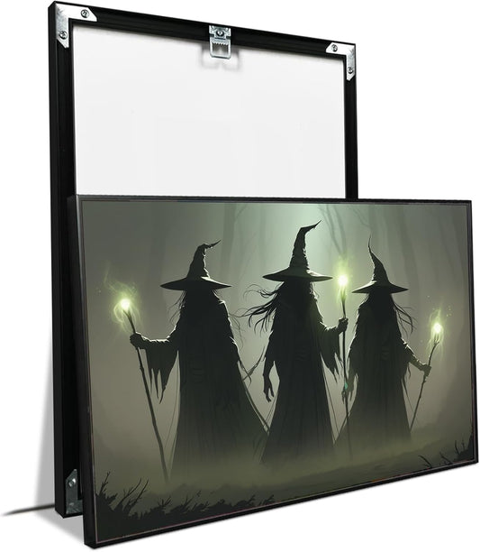 JFHCQJPK Vintage 3 witches canvas wall decor melancholy dark Halloween poster wall decor holding a staff print Gothic horror Halloween painting print for living room bedroom16x24in Metal blackFramed