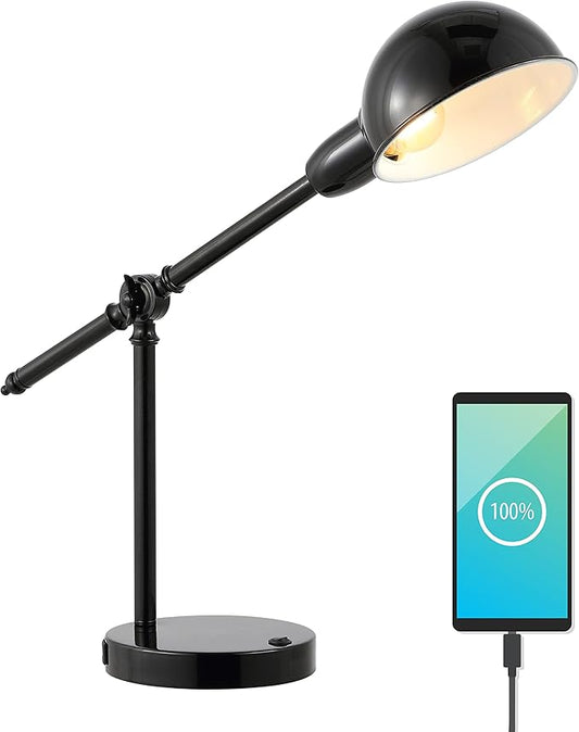 JONATHAN Y 20.25" Black Vintage Industrial Iron Adjustable Task Lamp with USB Charging Port for Office Desk, Metal Yellow Dome Shade, LED Bulb Included JYL7123A