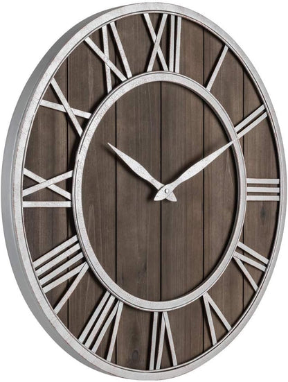Oldtown Farmhouse Metal & Solid Wood Noiseless Wall Clock (Dark Brown, 24-inch)