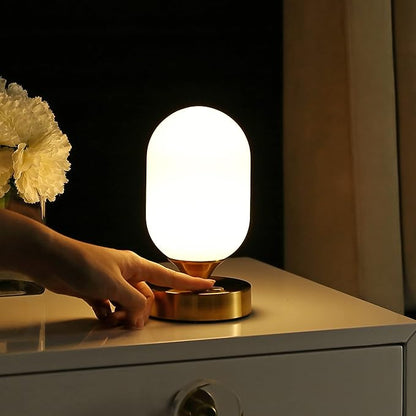JONATHAN Y 8" Brass Gold/White Modern Rechargeable Integrated LED Table Lamp, Portable Cordless Accent Light with White Frosted Glass Shade, Dimmable Touch Sensor (JYL7111C)